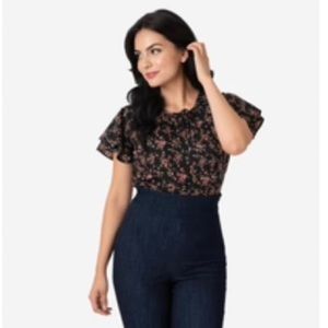 Unique Vintage 1940s Black and Pink Floral Cap Sleeves Jeannie Blouse